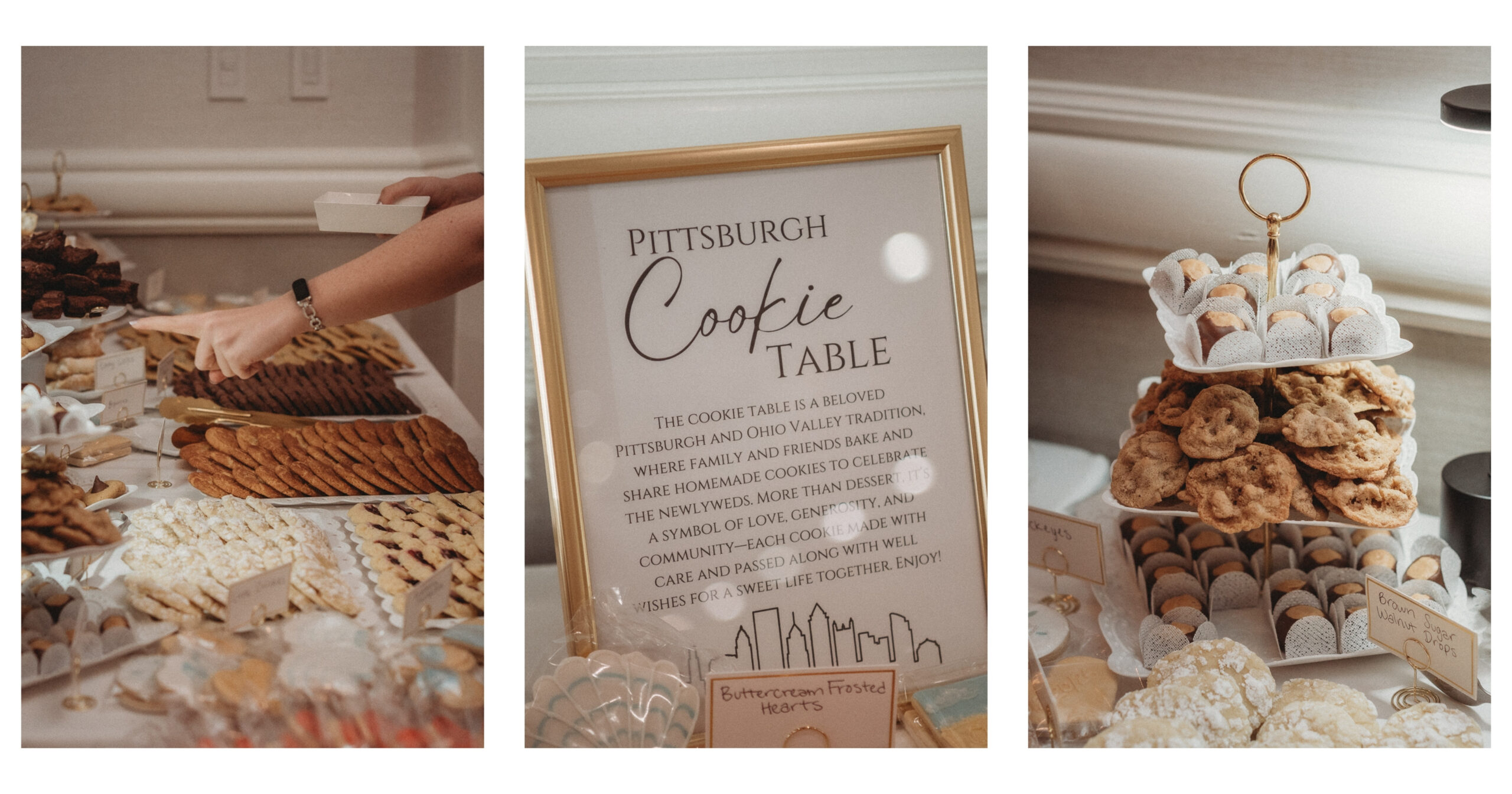 Pittsburgh wedding cookie table with homemade family desserts
Ohio Valley cookie table tradition at Florida beach wedding
Reception dessert table filled with family-made wedding cookies
